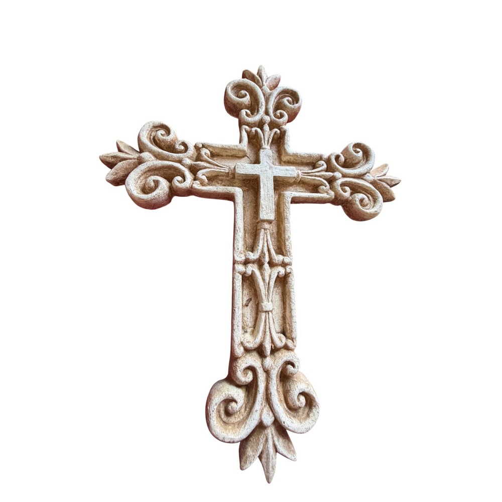 Ornate Scrollwork Wall Cross Fleur De Lis Religious Home Decor 12 Inch Cream